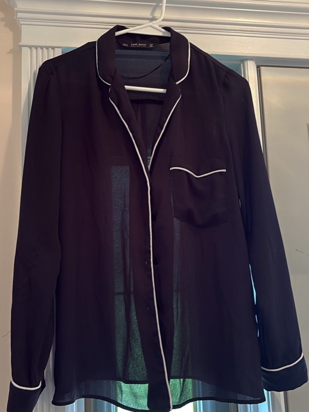 Zara Black Sheer Button-Down Shirt with White Piping